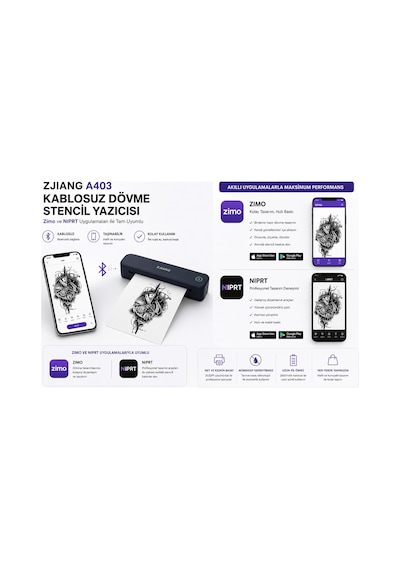 Netum Zjiang Bluetooth Taşınabilir Profesyonel Dövme Şablonu Tattoo Yazıcısı Termal Yazıcı Siyah