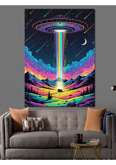 Ahşap Tablo Ufo Ve Renkli Işıklar