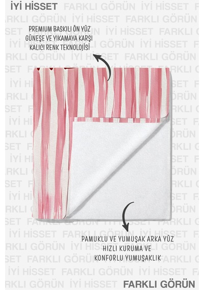 Çizgili How Lucky Yazılı Pembe Beyaz Plaj Havlusu - Tipografik Akdeniz Stil Banyo Sahil Örtüsü Çok Renkli
