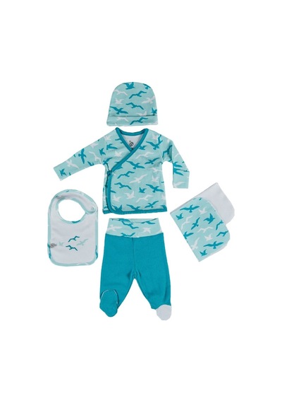 Ecocotton Turna Bebek Zıbın Seti 5'li Beyaz-turkuaz 0-3 Ay - 0-3 Ay Beyaz
