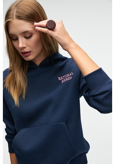 Grımelange YUMEA Kadın Oversize Kapüşonlu Baskılı Lacivert Sweatshirt