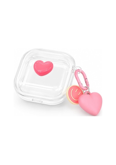 Samsung Galaxy Buds 4 / Buds 4 Pro İle Uyumlu Heartpop 3d Kalpli Şeffaf Kulaklık Kılıfı Pembe Karabinalı, Kalp Ve Smiley Charm Aksesuarlı Koruyucu Kulaklık Kabı