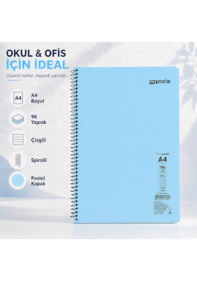Mynote Flex Pastel A4 96 Yaprak 60 Gr Spiralli Çizgili Defter Mavi