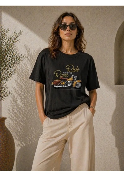 Motosiklet Baskılı Tişört Bisiklet Yaka Kısa Kol Yazlık T-shirt - Siyah