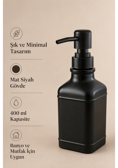 Aura Cam Sıvı Sabunluk 400 Ml Siyah Pompalı Modern Dekoratif Banyo Ve Mutfak Dispenseri - 19,5 Cm X 6 Cm X 6 Cm