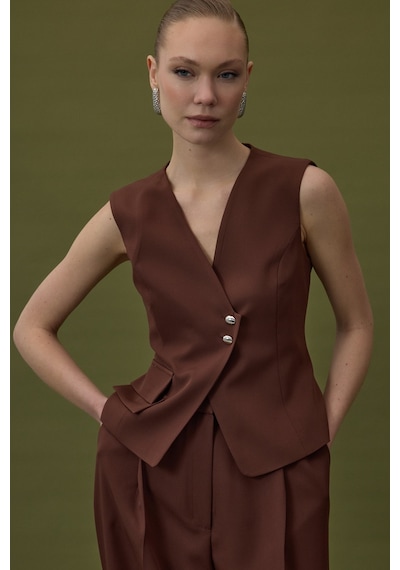 Sateen Sofia Yelek - Kahve-137055 Kahve