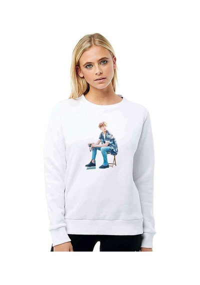 K Pop Jeon Jungkook K Pop Baskılı Beyaz Kadın Sweatshirt