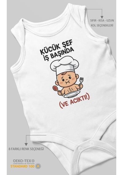 Küçük Şef İş Başında Ve Acıktı Baskılı Bebek Zıbını Çıtçıtlı Body 8 Renk %100 Pamuk Sıfır Kol Beyaz