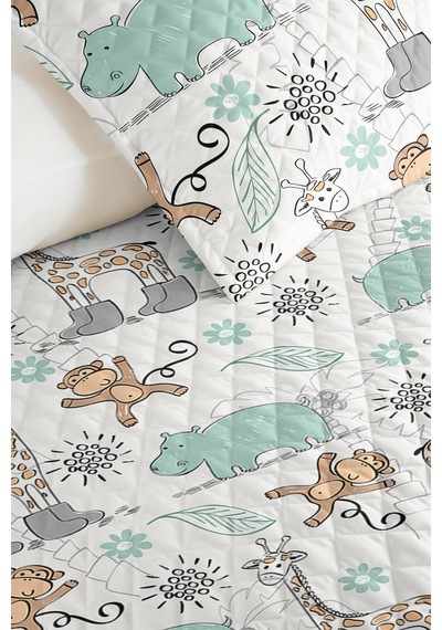 Evimde Bambaşka Safari Mint Çocuk Odası Tek Kişilik Pike Takımı - Sevimli Bej 160x220  CM Kapitone Yatak Örtüsü