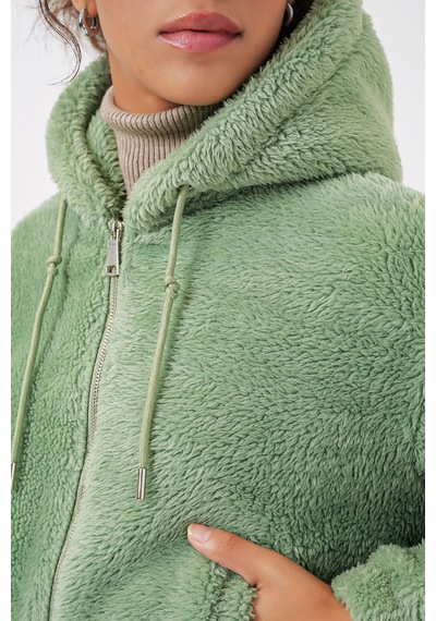 Bigdart 5193 Kapüşonlu Peluş Crop Ceket - E. Yeşil
