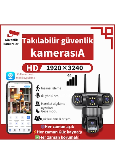 4g 360 Derece Güvenlik Kamerası 3+3+3mp, Gece Görüşlü Hareket Alarmı, Ip66 Koruması