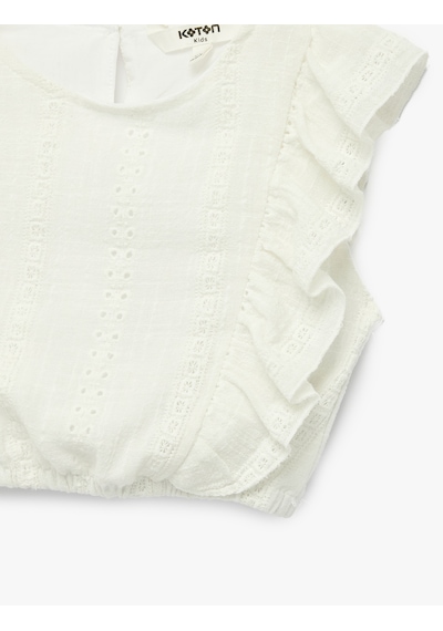 Koton Kolsuz Brodeli Beli Lastikli Bisiklet Yaka Crop Bluz Beyaz 6skg60151aw Beyaz