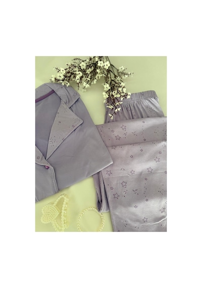 Mh Moony Homewears Kısa Kol Lila Yıldız Düğmeli Pijama Takımı Lila
