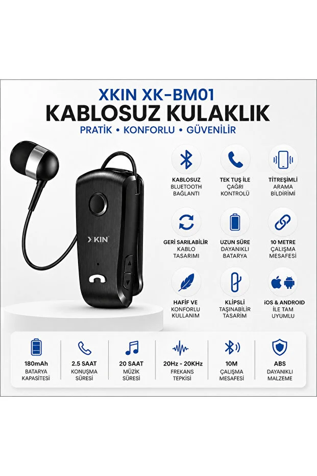 Xk-bm01 Xkın Makaralı Bluetooth Kulaklık Kablosuz Tekli Yaka Tipi Siyah
