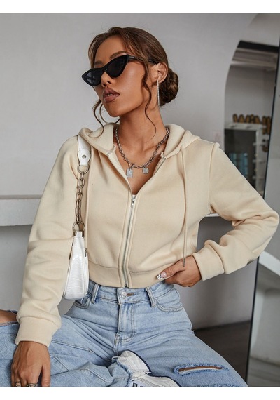 Kadın Kapüşonlu Fermuarlı Crop Hırka Sweatshirt -üç İplik Şardonlu