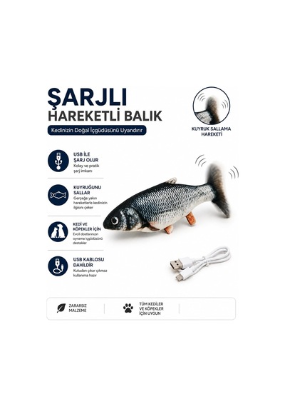 Catnipli Usb Şarjlı Kuyruk Sallayan Hareketli Balık Kedi Oyuncağı, İnteraktif Peluş Kedi Oyuncağı, Kedilerin Takip Etme, Yakalama Ve Avlanma İçgüdüsünü Destekleyen Eğlenceli Oyun Arkadaşı