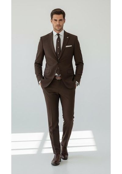 Erkek Slim Fit Mikro Desenli Takım Elbise 2 Düğmeli Çift Yırtmaçlı Modern Ceket Pantolon Takım Kahverengi Erkek Slim Fit Mikro Desenli Takım Elbise 2 Düğmeli Çift Yırtmaçlı Modern Ceket Pantolon Takım Kahverengi