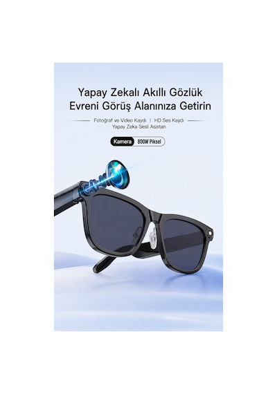 Yapay Zekâ Destekli Akıllı Gözlük Kamera, Video Ve Hd Ses Kayıtlı Bluetooth Smart Glasses