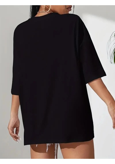 Kadın T-shirt Penye Compack Classical Baskılı Kısa Kol Tişört - Siyah