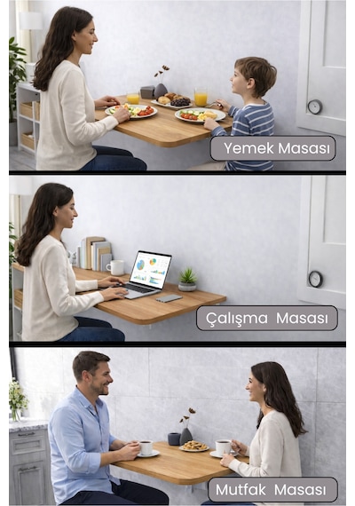 60x90 Cm Duvara Monte Sabit Raflı Kırma Katlanr Masa Çam Renk
