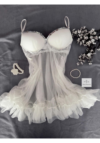 Mh Moony Homewears Stevemade Seksi Taş Detaylı Gecelik Iç Giyim Seti Ekru