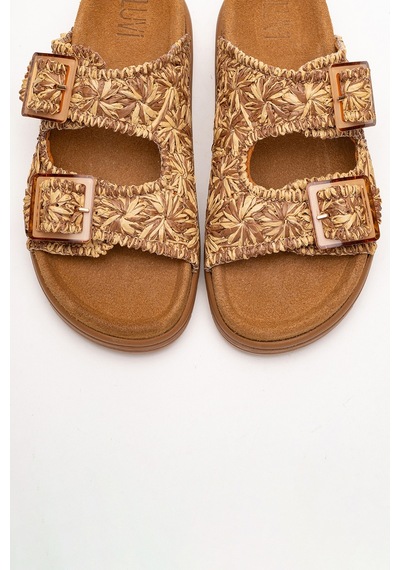 Luvishoes Luvi Shoes Mılana Taba Desenli Hakiki Deri Tokalı Çift Bantlı Kadın Terlik Taba