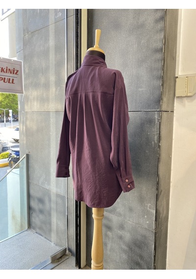 Pera Moda Yakası Taşlı Modal Kumaş Oversize Kadın Gömleği Mürdüm