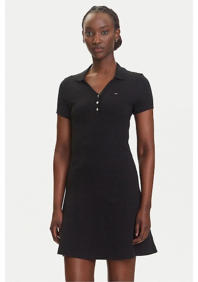 Tommy Hilfiger Kadın Polo Yaka Fit & Flare Kesim Fitilli Elbise - Siyah-8677 Triple Black