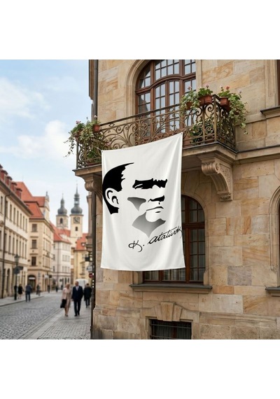 Siyah - Beyaz Mustafa Kemal Atatürk Silüeti Ve İmza Poster Bayrak Premium Raşel Kumaş Ata27 Diğer