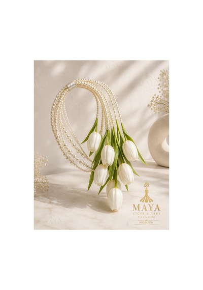 Maya Perla Premium - İnci Kemerli Lale Gelin Çiçeği Beyaz