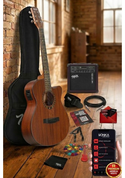 Midex Phx Pro-amp Amfili Yüksek Kaliteli Masif Elektro Akustik Gitar Seti 1 Adet