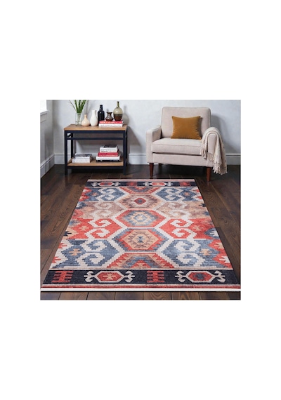 Vintage Etnik Kilim Kırmızı & Mavi Desenli Kaymaz Taban Çok Renkli Çok Renkli