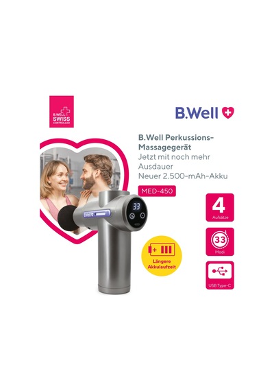 B.well Swiss Med-450 Masaj Tabancası, 33 Hız Seviyeli Elektrikli Kas Perküsyon Masajı, 4 Masaj Başlığı, 2.500 Mah Pil, Otomatik Kapanma Ve Usb-c Şarj Kablosu B.well Swiss Med-450 Masaj Tabancası, 33 Hız Seviyeli Elektrikli Kas Perküsyon Masajı, 4 Masaj Başlığı, 2.500 Mah Pil, Otomatik Kapanma Ve Usb-c Şarj Kablosu