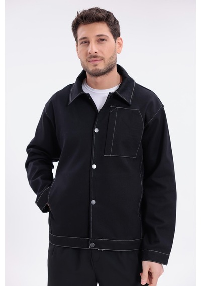 Erkek Dikiş Detaylı Oversize Gabardin Ceket - Mont-392 Siyah