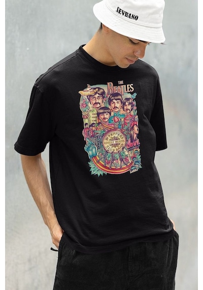 Lonely Hearts The Beatles Baskılı Unisex Oversize Tişört Siyah