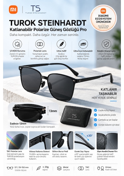 Xiaomi Ts Katlanır Polarize Güneş Gözlüğü Pro 13mm Ultra İnce 23g Tac Uv400 Metal Siyah Unisex Sm101-0120