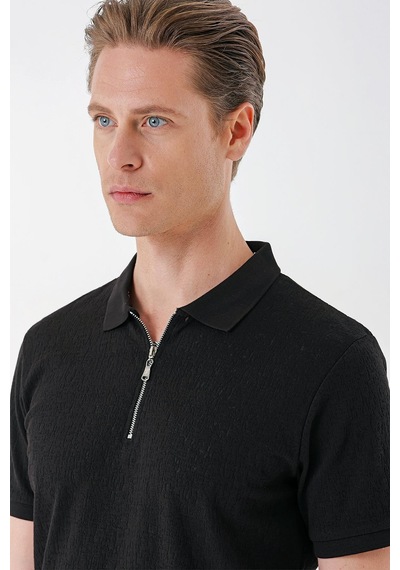 Efor Slim Fit Fermuarlı Polo Yaka %100 Pamuk Siyah Tişört Ts 877 Siyah