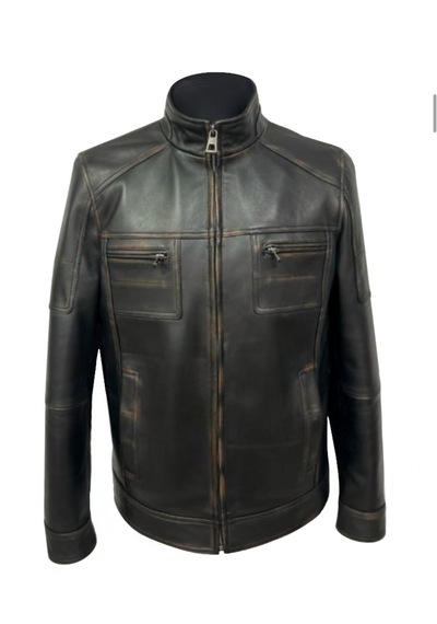 Viamod Leather Erkek Siyah Hakim Yaka Deri Mont %100 Saf Deri Eskitme Görünümlü Fermuarlı Kışlık Ceket Petro Eskitme Siyah