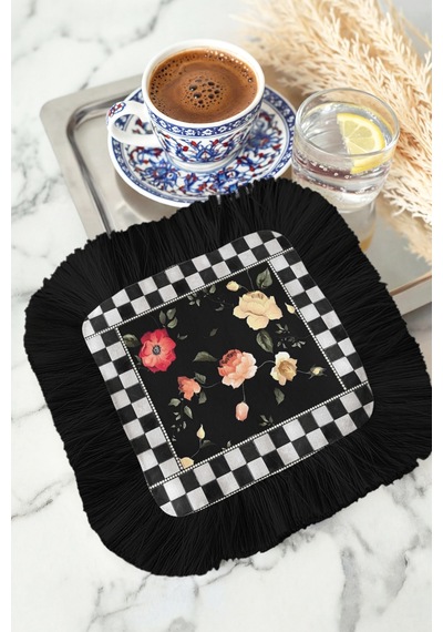 Siyah Ekose Çiçekli Saçaklı Sunum Peçetesi - Vintage Bohem Siyah Çerçeveli Bardak Altlığı Mendil