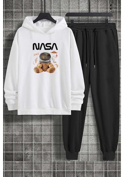 Uyguntarz Unisex Nasabear Baskılı Eşofman Takımı Beyaz