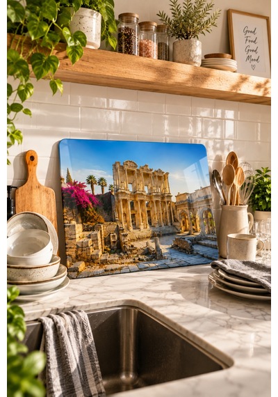 Gökçeoğlu Cam Kesme Tahtası İzmir Efes Antik Kenti Temalı - Cam Kesme Tablası 30cm X 40cm Beyaz