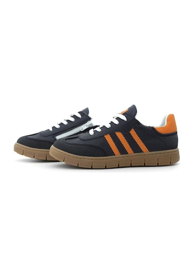 Hakiki Deri Lacivert Turuncu Bağcıklı Fermuarlı Çocuk Sneakers Ayakkabı Lacivert