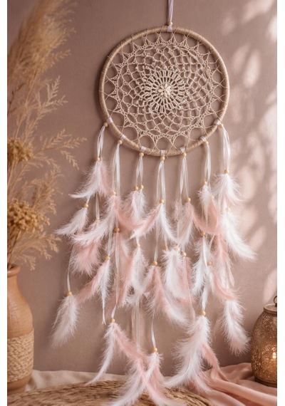 Led Işıklı Düş Kapanı Pudra Beyaz Tüylü Bohem Duvar Süsü 22 Cm El Yapımı Dream Catcher Deniz Kabuklu