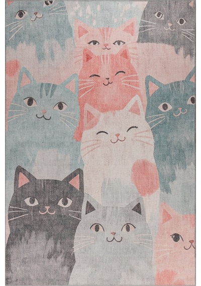 Foldy Kedi Desenli Dokuma Taban Dekoratif Çocuk Odası Halısı Fl 57 Çok Renkli
