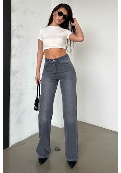 Madmext Gri Yüksek Bel Kadın Wide Leg Pantolon Mg2388 Gri