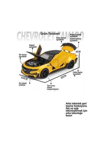 Işıklı Sesli Pilli 1:24 Ölçekli Metal Chevrolet Camaro Kapısı Kaputu Ve Bagajı Açılan Model Araba Sarı
