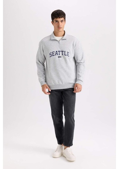 DeFacto Relax Fit Fermuarlı Dik Yaka Baskılı Kalın Sweatshirt D2168AX24AUGR389 Gri