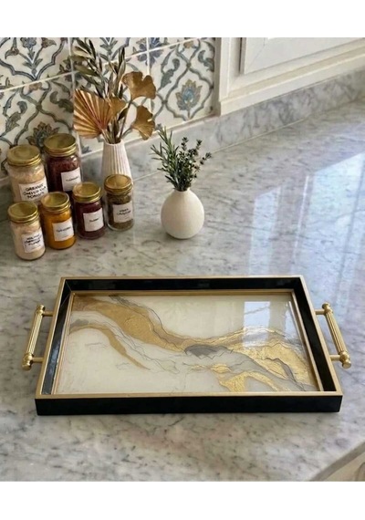 Modern Lüks Desenli Dekoratif Tepsi & Siyah Gold Çerceveli Kulplu Çay Kahve Sunum Tepsisi
