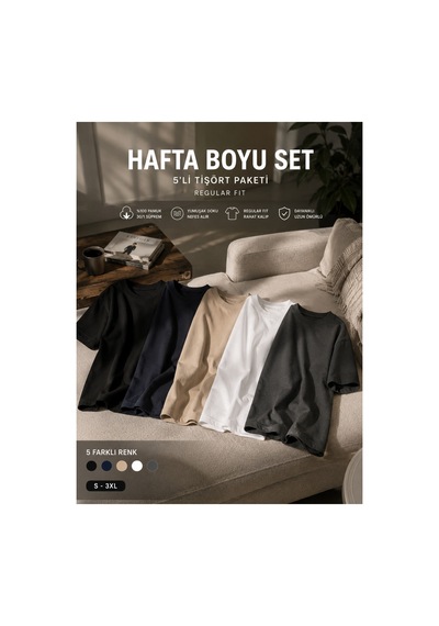 Masion Rae Erkek 5'li Basic Tişört Seti Regular Fit Bisiklet Yaka %100 Pamuk 30/1 Süprem Siyah-beyaz-lacivert-antrasit-bej