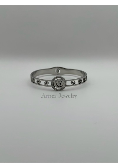 Arnes Jewelry Çelik Silver Zirkon Taşlı Kelepçe Bileklik Ar19 Silver